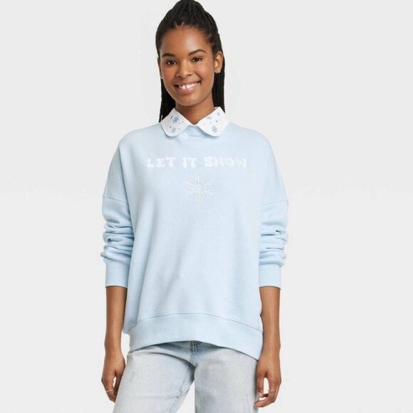 Women's Let is Snow Collared Graphic Sweatshirt Blue sz. M - Picture 1 of 4